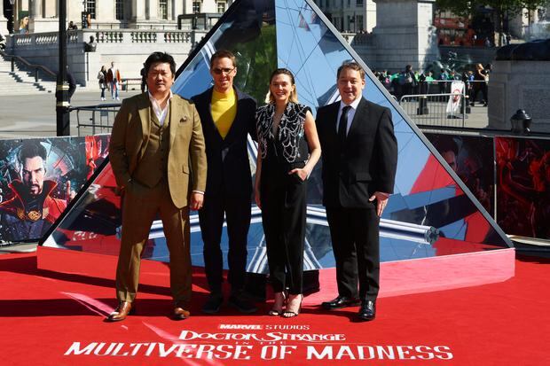 From left to right: Benedict Wong, Benedict Cumberbatch, Elizabeth Olsen and Sam Raimi during the premiere of 'Doctor Strange in the Multiverse of Madness' in London.