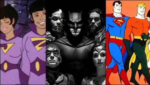 A los extremos, personajes de la recordada serie "Los Súper Amigos". Al centro, los héroes de "Justice League" que volverán por HBO Max con la versión de Zack Snyder. Fotos: ABC/ Warner Bros.