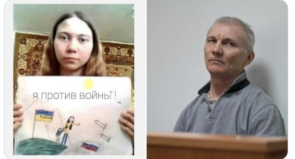 Alexéi Moskalev, su hija Masha Moskaleva y el dibujo de esta contra la guerra en Ucrania. (Foto de la derecha, AP).
