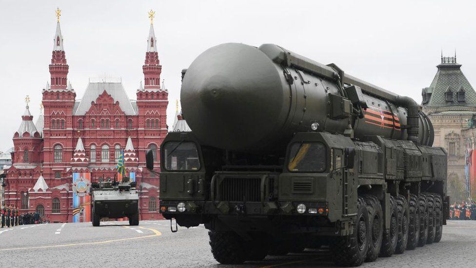 Russian Yars RS-24 intercontinental ballistic missiles equipped with MIRV thermonuclear warheads.  (GETTY IMAGES).