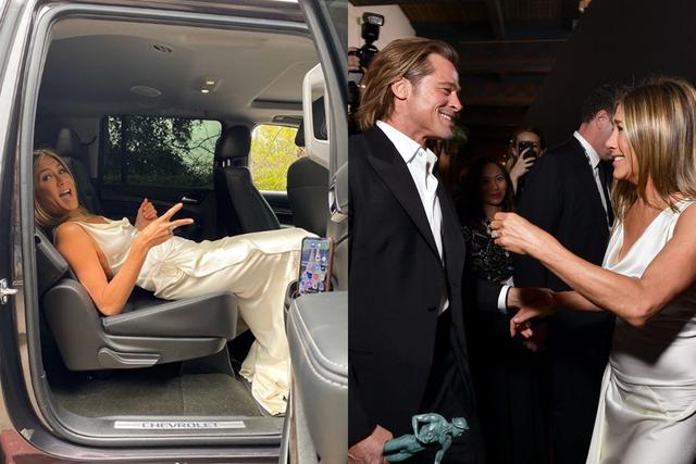 (Izquierda) Jennifer Aniston, horas después de ganar su primer premio SAG. (Derecha) Brad Pitt y la actriz durante su comentado encuentro en esa misma gala.