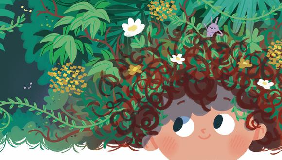 Ilustración de Diana Okuma para "Cabecita de jardín", escrito por Maite Mujica. Fuente: Ediciones Pichoncito.