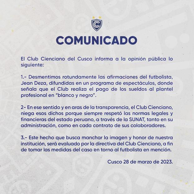 Cienciano's statement on his social networks.