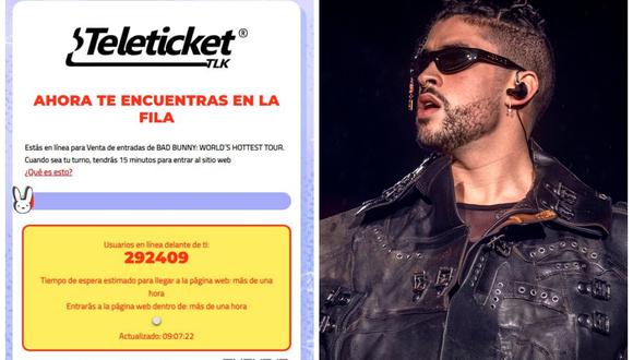 El sistema de colas virtuales de Teleticket volió a ser usado para la venta de las entradas de Bad Bunny. (Foto composición: Teleticket / Ricardo ARDUENGO / AFP)