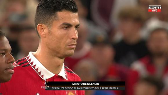 Cristiano Ronaldo se conmueve durante minuto de silencio por la Reina Isabel II. (Captura: ESPN)