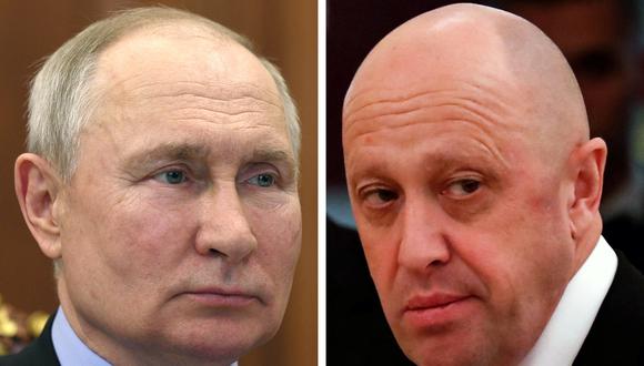 Esta combinación de fotos muestra al presidente de Rusia, Vladimir Putin (izquierda), y al jefe del Grupo Wagner Yevgeny Prigozhin. (Foto de GAVRIIL GRIGOROV y Sergei ILNITSKY / SPUTNIK / AFP).