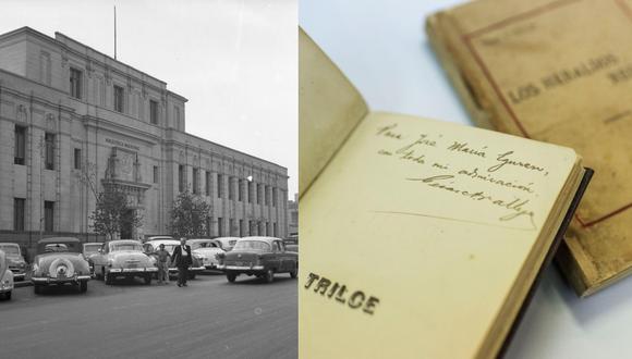 PATRIMONIO HISTÓRICO. Imagen de los años 70 de la antigua sede de la Biblioteca Nacional del Perú. Derecha: edición de Trilce con dedicatoria de César Vallejo a José María Eguren. Se puede acceder al libro en su versión digital. (Foto: archivo histórico El Comercio/ Omar Lucas)