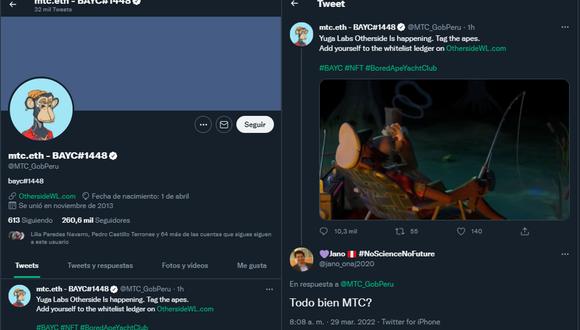 Cuenta de Twitter del MTC fue hackeada. (Foto: Captura Twitter)