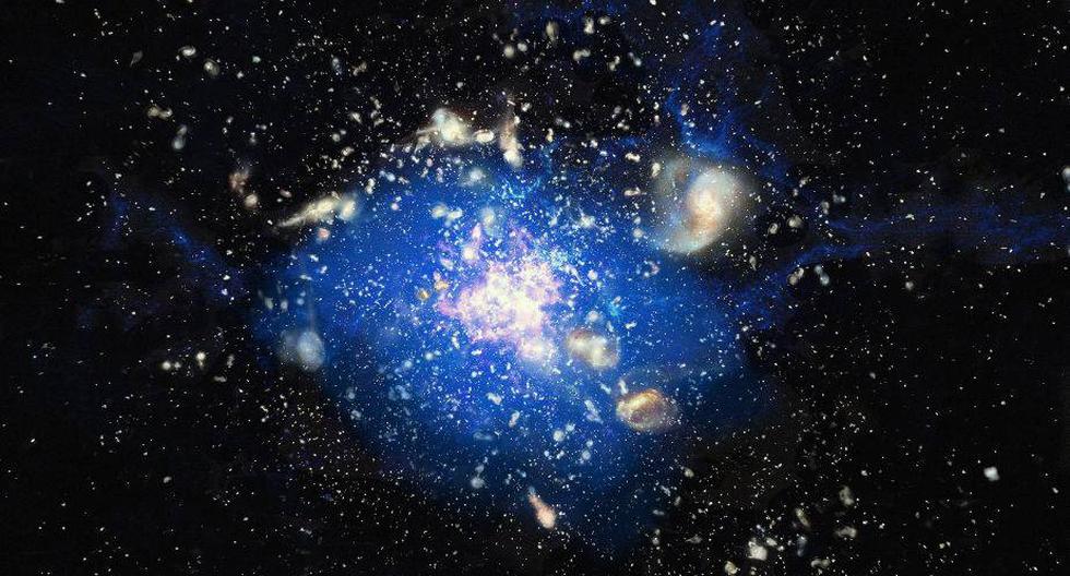Fotograf&iacute;a facilitada por la ESO (Observatorio Austral Europeo) de una impresi&oacute;n art&iacute;stica del oc&eacute;ano c&oacute;smico de gas fr&iacute;o en el coraz&oacute;n de un c&uacute;mulo embrionario de galaxias, aproximadamente a 10.000 millones de a&ntilde;os luz de distancia de la Tierra. Un equipo internacional de cient&iacute;ficos ha descubierto que las supergalaxias, las mayores galaxias del universo, surgieron de oc&eacute;anos c&oacute;smicos de gas fr&iacute;o en el llamado universo primitivo, es decir cuando &eacute;ste a&uacute;n era joven.(Foto: EFE/ESO/M. Kornmesser)