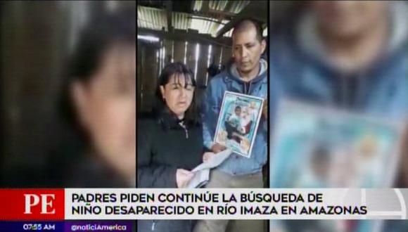 Familiares del niño desaparecido en río Imaza piden a las autoridades continuar búsqueda. (Captura: América Noticias)