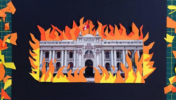 Kike Congrains, uno de los artistas más reconocido en el mundo del collage en Lima, improvisó un diseño en formato pop-up con la imagen del Congreso de la República que quemará en estos días para cumplir con su metáfora sobre el renacer de la política. (Foto: Facebook/Kike Congrains)