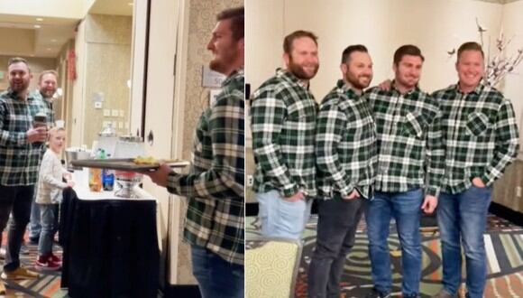Los esposos posaron para la cámara con las camisas que le regalaron sus parejas. (Imagen: @jesslinence / TikTok)