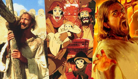 De izquierda a derecha, escenas de "Life of Brian", "Tokyo Godfathers" y "Fist of Jesus"; películas para ver en Navidad que no son la típica historia de Papanoel.