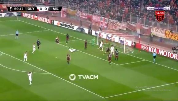 Pape Abou Cissé abrió el marcador en el AC Milan vs. Olympiacos por Europa League. El duelo se disputó en el Estadio Karaïskákis (Foto: captura de pantalla)