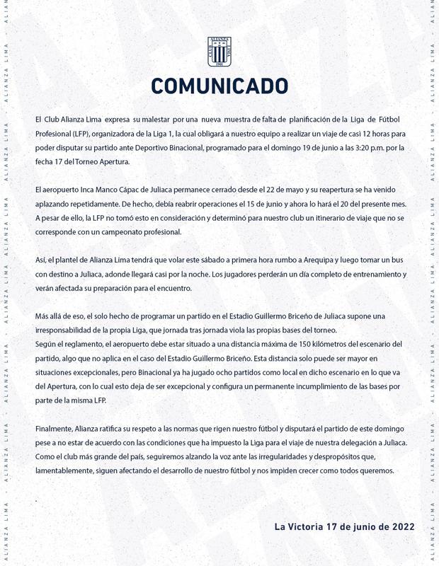 Alianza Lima envió comunicado respecto al duelo con Binacional.