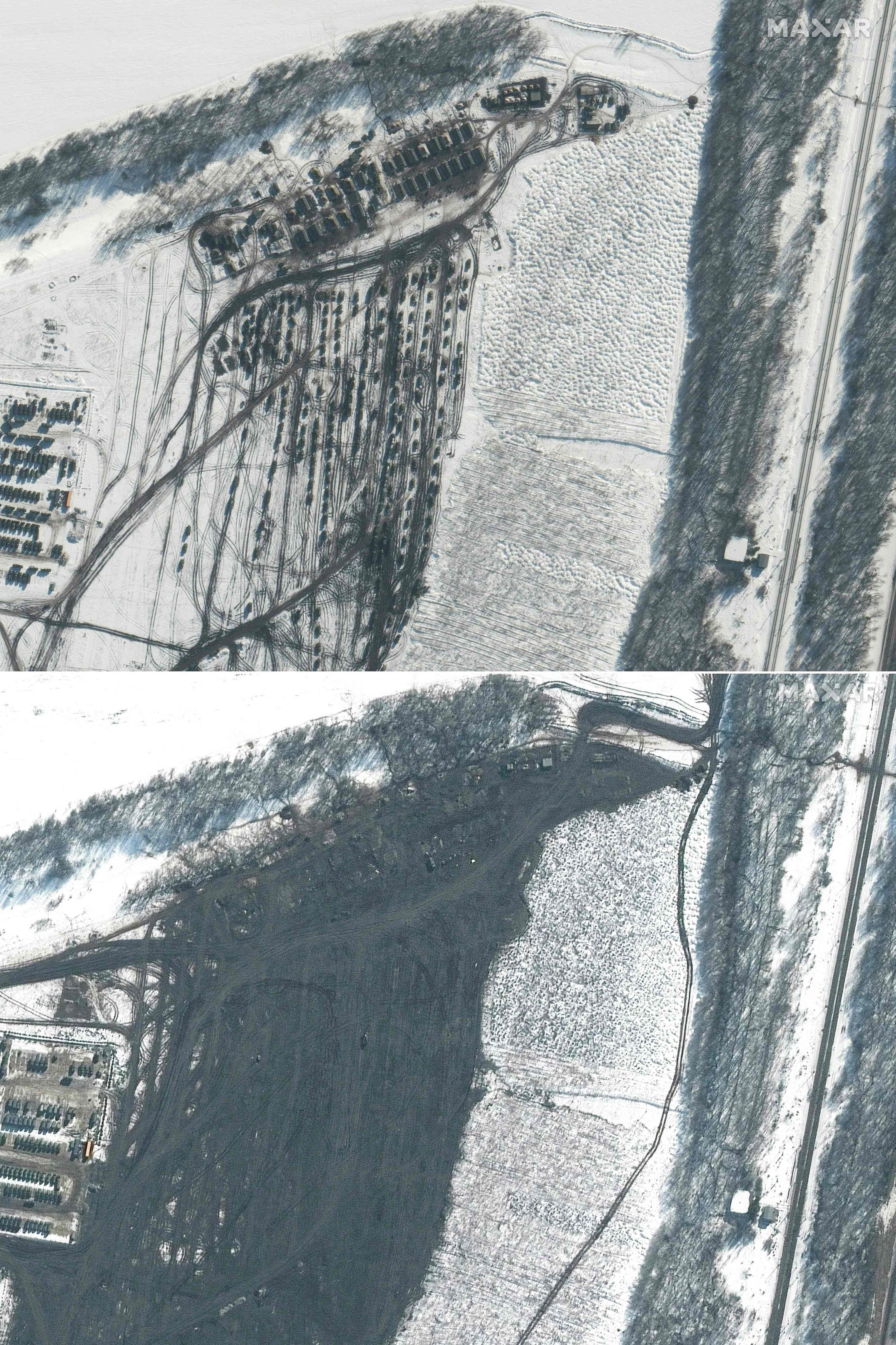 This combination of Maxar satellite images created shows the deployment of troops and a battle group in Soloti, Russia, on February 13, 2022 (top), and the same area on February 20, 2022 after the battle broke out.  (Photo: SATELLITE IMAGE ©2022 MAXAR TECHNOLOGIES / AFP).