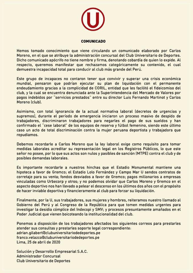 Comunicado de Raúl Leguía