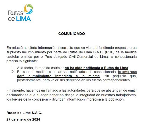 Rutas de Lima anunció este sábado que esperará la notificación de la medida cautelar para dejar de cobrar el peaje en las garitas del peaje Chillón. Foto: Rutas de Lima
