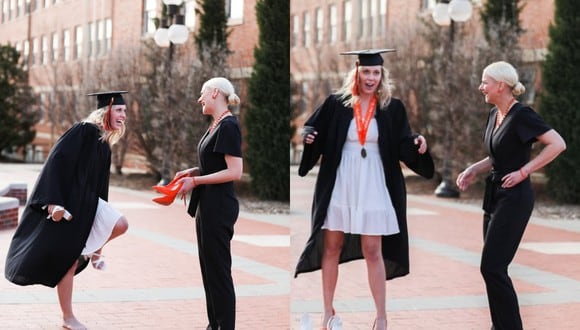 Jami McKibbin jamás se imaginó que caminaría sobre los mismos zapatos de la presidenta de la Universidad Estatal de Oklahoma, la Dra. Kayse Shrum, tras cruzarse con ella durante una sesión de fotos. | Crédito: Brandi Stafford Simons / Facebook