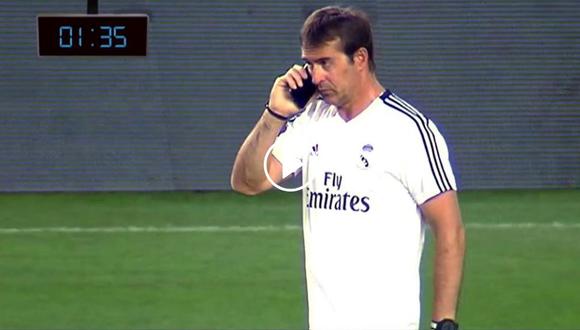 Durante una práctica en Nueva York, Julen Lopetegui, DT del Real Madrid, sorprendió al atender una llamada por celular de la cual, por las imágenes de YouTube, no quedó muy contento. (Foto: captura de video)