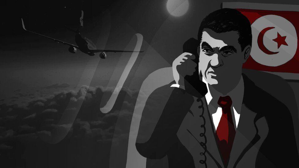 Illustration of Ben Ali on a plane talking on the phone