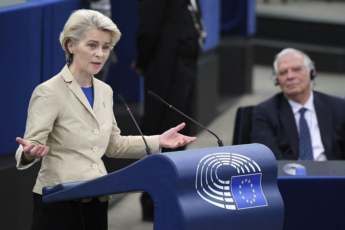 European Commission President Ursula von der Leyen speaks during a debate on the results of the war.  (Photo by FREDERICK FLORIN / AFP)