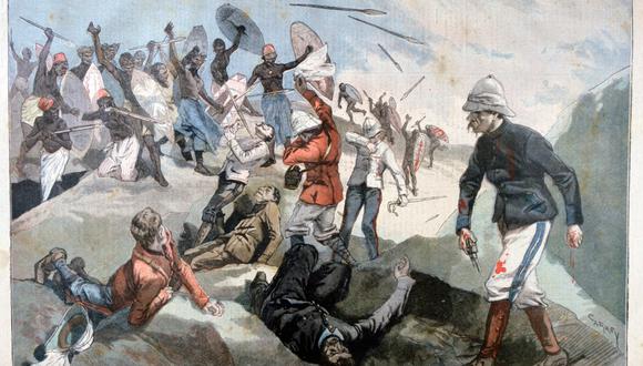 La masacre de una expedición británica en Benin, que provocó el envío de una fuerza mucho mayor en represalia. Ilustración de Le Petit Journal, 24 de enero de 1897.