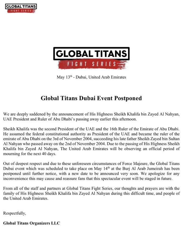 Comunicado de Global Titans sobre la pelea en Dubai.