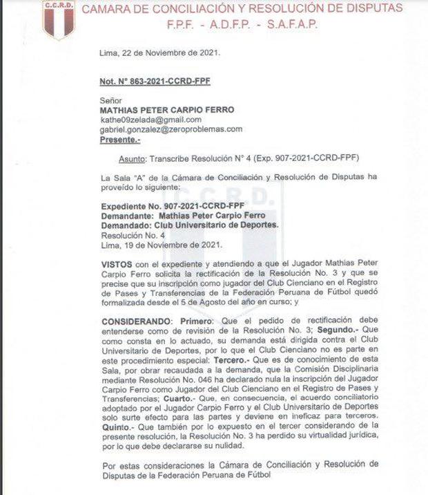El fallo de la Cámara de Conciliación y Resolución de Disputas del 22 de noviembre.