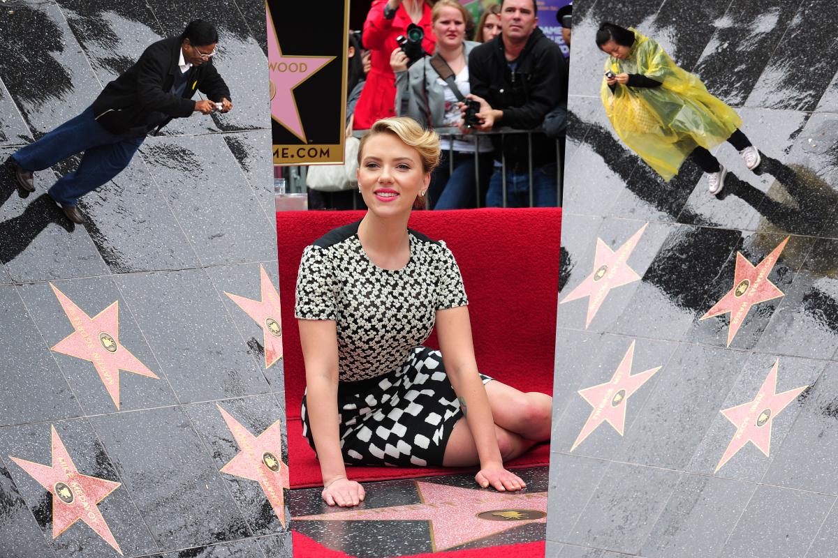 A los extremos, turistas fotografían las estrellas del Paseo de la Fama de Hollywood. Al centro, la nominada al Oscar Scarlett Johansson cuando recibió su estrella. Fotos: AFP.