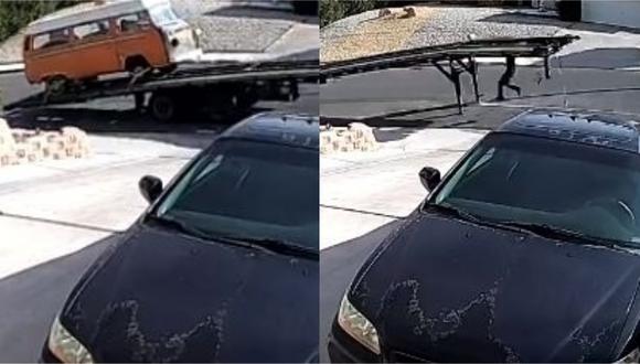 Se hizo viral un video de Facebook en el que un hombre parece luchar contra la fuerza de un camión y también contra la misma gravedad. (Foto: captura de video)