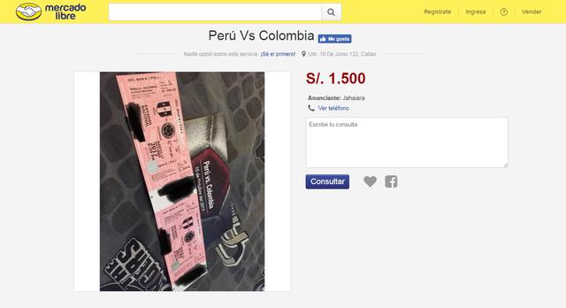 Usuarios revenden las entradas para el partido de Perú vs Colombia hasta en ocho veces su valor (Foto: Captura)