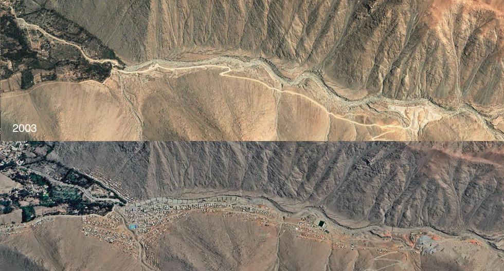 Quebrada La Ronda, en Lurigancho-Chosica, en el año 2003. Hay reportes de huaicos importantes en el 1983, 1998, 2012, 2015 y 2017. Para el 2022, el crecimiento de la población incluye el cauce del huaico y  parte de las laderas.