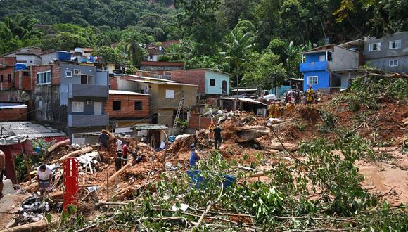 Vista de las secuelas después de un deslizamiento de tierra en Barra do Sahy, distrito de Sao Sebastiao, estado de Sao Paulo, Brasil el 21 de febrero de 2023.(Foto de NELSON ALMEIDA / AFP)