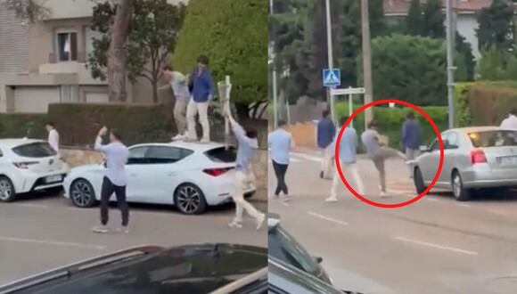 Un grupo de jóvenes españoles fue captado destrozando vehículos estacionados y señales de tránsito. (Foto: Twitter/@sergiparals).
