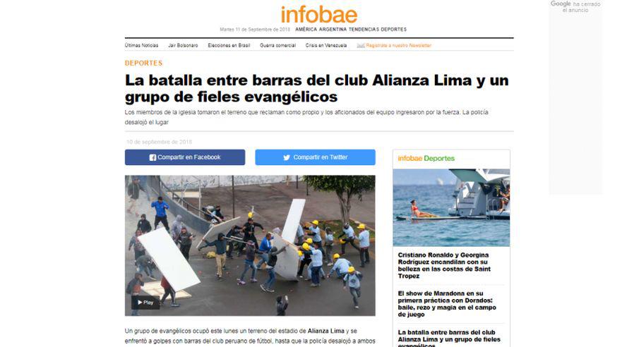 Pelea entre hinchas de Alianza Lima contra evangélicos dio la vuelta al mundo. Así informó Infobae de Argentina. (Captura)