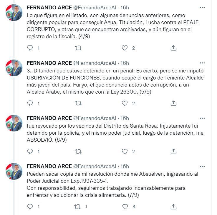 Parte de los tuits del ministro Javier Arce Alvarado.