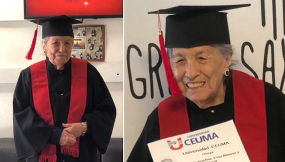 En esta imagen se ve a María Josefina muy feliz por haberse graduado de la universidad con excelentes calificaciones a sus 93 años. (Foto: @RsMaricruz / Twitter)