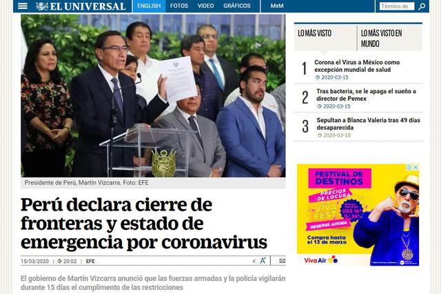 Así informó El Universal de México las medidas extraordinarias establecidas por el gobierno peruano.