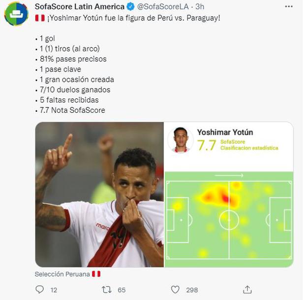 SofaScore resaltó la actuación de Yoshimar Yotún en el Perú vs. Paraguay.