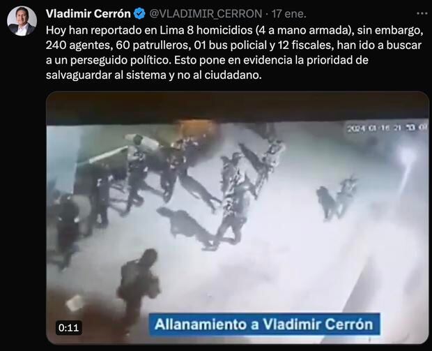 El 17 de enero del 2023, mientras la Policía lo buscaba en el blaneario limeño de  Asia, Vladimir Cerrón tuiteaba a desde la clandestinidad, a través de "X".