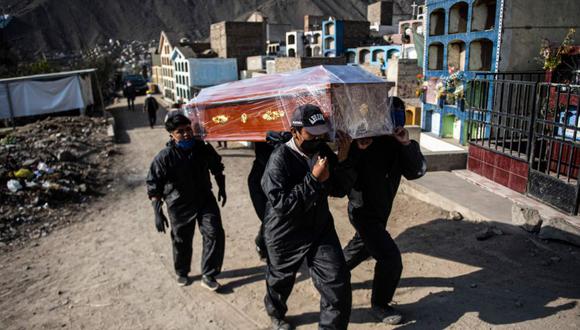 Trabajadores del cementerio llevan el ataúd de una víctima de COVID-19 en un cementerio en Comas, en las afueras del norte de Lima. (Foto: AFP / ERNESTO BENAVIDES).