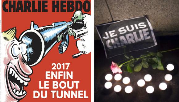 En la portada de Charlie Hebdo, bajo el t&iacute;tulo &quot;2017, por fin el final del t&uacute;nel&quot;, un hombre mira asustado el ca&ntilde;&oacute;n de un fusil con el que un yihadista le apunta. (Foto: AFP)