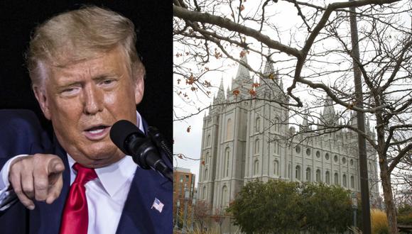 Imagen del presidente de Estados Unidos, Donald Trump, y el  histórico Templo Mormón de Salt Lake en Utah. Los mormones en el país han sido tradicionalmente votantes republicanos confiables, pero algunos miembros de la iglesia conservadora desanimados por el mandatario están cambiando de bando. (EFE/EPA/DAN ANDERSON - GEORGE FREY / AFP).