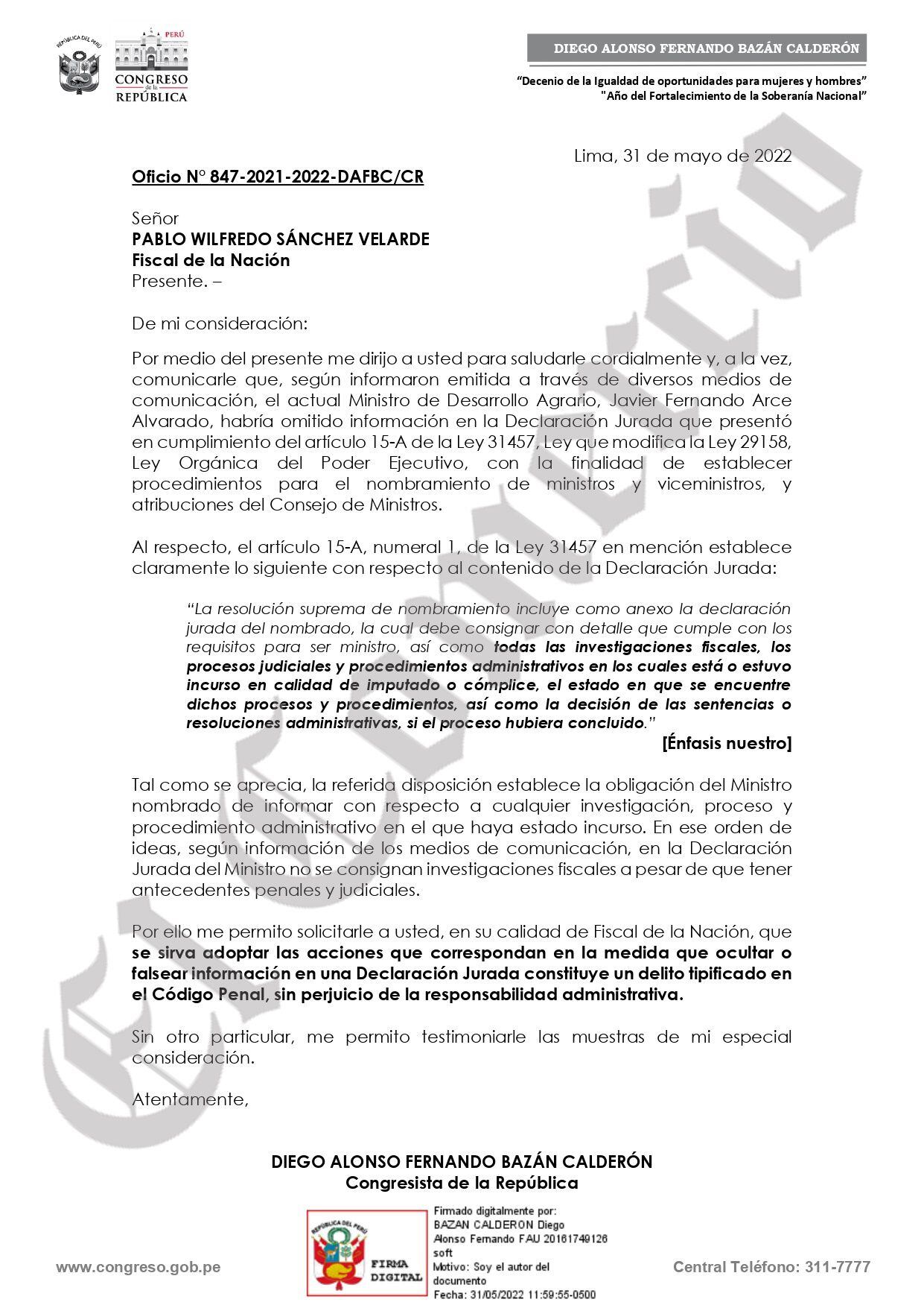 Diego Bazán remitió el oficio este martes al fiscal de la Nación.