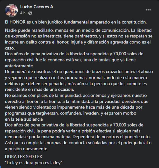 Lucho Cáceres se pronuncia tras ganar juicio a Magaly. (Foto: Facebook oficial).