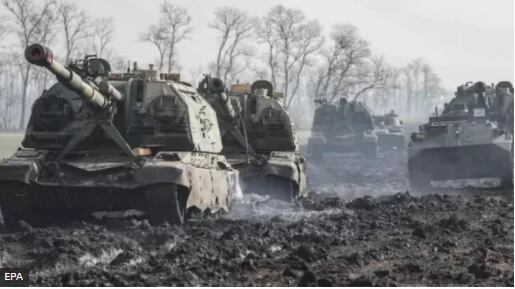 Russian armored vehicles in the Russian region of Rostov, near the border with Ukraine