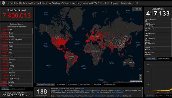 Mapa del coronavirus Covid-19 en el mundo en tiempo real hoy jueves 11 de junio: contagiados y muertos. (Johns Hopkins University).