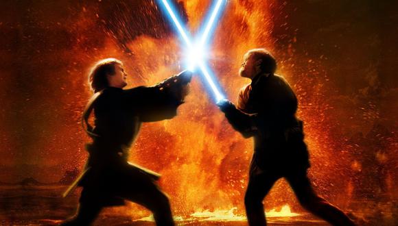 Arte oficial de la lucha entre Anakin Skywalker y Obi Wan, el clímax de la película "Star Wars: The Revenge of the sith" (2005).