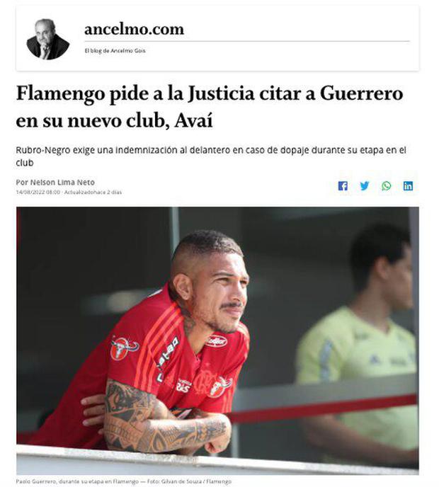 Publicación sobre el caso de Paolo Guerrero y Flamengo en Brasil.